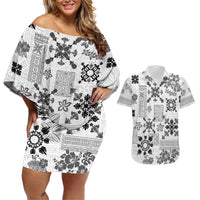 Hawaii Tapa Tribal Couples Matching Off Shoulder Short Dress and Hawaiian Shirt With Hawaiian Quilt Pattern Black LT9 - Wonder Print Shop