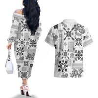 Hawaii Tapa Tribal Couples Matching Off The Shoulder Long Sleeve Dress and Hawaiian Shirt With Hawaiian Quilt Pattern Black LT9 - Wonder Print Shop