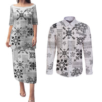 Hawaii Tapa Tribal Couples Matching Puletasi Dress and Long Sleeve Button Shirt With Hawaiian Quilt Pattern Black LT9 - Wonder Print Shop