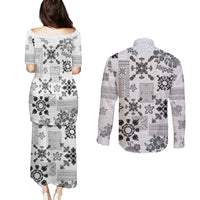 Hawaii Tapa Tribal Couples Matching Puletasi Dress and Long Sleeve Button Shirt With Hawaiian Quilt Pattern Black LT9 - Wonder Print Shop