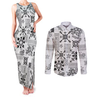 Hawaii Tapa Tribal Couples Matching Tank Maxi Dress and Long Sleeve Button Shirt With Hawaiian Quilt Pattern Black LT9 - Wonder Print Shop
