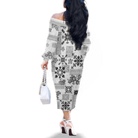 Hawaii Tapa Tribal Family Matching Off Shoulder Long Sleeve Dress and Hawaiian Shirt With Hawaiian Quilt Pattern Black - Wonder Print Shop