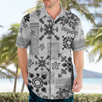Mens Hawaiian shirt in black-and-white with tapa, floral, and quilt block print, short sleeve