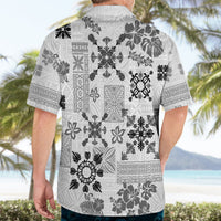 Back view Hawaiian button-up shirt with black-and-white tapa quilt and floral pattern