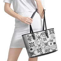 Hawaii Tapa Tribal Leather Tote Bag With Hawaiian Quilt Pattern Black - Wonder Print Shop