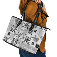 Hawaii Tapa Tribal Leather Tote Bag With Hawaiian Quilt Pattern Black - Wonder Print Shop