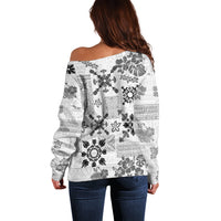 Hawaii Tapa Tribal Off Shoulder Sweater With Hawaiian Quilt Pattern Black - Wonder Print Shop