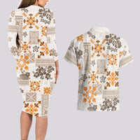 Hawaii Tapa Tribal Couples Matching Long Sleeve Bodycon Dress and Hawaiian Shirt With Hawaiian Quilt Pattern Gold LT9 - Wonder Print Shop