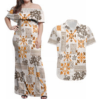 Hawaii Tapa Tribal Couples Matching Off Shoulder Maxi Dress and Hawaiian Shirt With Hawaiian Quilt Pattern Gold LT9 - Wonder Print Shop
