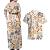 Hawaii Tapa Tribal Couples Matching Off Shoulder Maxi Dress and Hawaiian Shirt With Hawaiian Quilt Pattern Gold LT9 - Wonder Print Shop