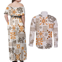 Hawaii Tapa Tribal Couples Matching Off Shoulder Maxi Dress and Long Sleeve Button Shirt With Hawaiian Quilt Pattern Gold LT9 - Wonder Print Shop