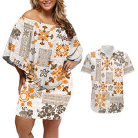 Hawaii Tapa Tribal Couples Matching Off Shoulder Short Dress and Hawaiian Shirt With Hawaiian Quilt Pattern Gold LT9 - Wonder Print Shop