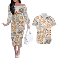 Hawaii Tapa Tribal Couples Matching Off The Shoulder Long Sleeve Dress and Hawaiian Shirt With Hawaiian Quilt Pattern Gold LT9 - Wonder Print Shop