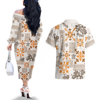 Hawaii Tapa Tribal Couples Matching Off The Shoulder Long Sleeve Dress and Hawaiian Shirt With Hawaiian Quilt Pattern Gold LT9 - Wonder Print Shop
