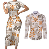 Hawaii Tapa Tribal Couples Matching Short Sleeve Bodycon Dress and Long Sleeve Button Shirt With Hawaiian Quilt Pattern Gold LT9 - Wonder Print Shop