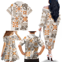 Hawaii Tapa Tribal Family Matching Off Shoulder Long Sleeve Dress and Hawaiian Shirt With Hawaiian Quilt Pattern Gold - Wonder Print Shop