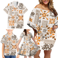 Hawaii Tapa Tribal Family Matching Off Shoulder Short Dress and Hawaiian Shirt With Hawaiian Quilt Pattern Gold LT9 - Wonder Print Shop