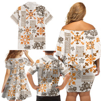 Hawaii Tapa Tribal Family Matching Off Shoulder Short Dress and Hawaiian Shirt With Hawaiian Quilt Pattern Gold LT9 - Wonder Print Shop