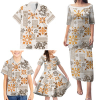 Hawaii Tapa Tribal Family Matching Puletasi Dress and Hawaiian Shirt With Hawaiian Quilt Pattern Gold - Wonder Print Shop