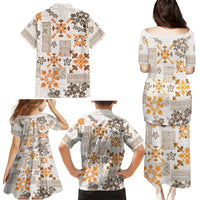 Hawaii Tapa Tribal Family Matching Puletasi Dress and Hawaiian Shirt With Hawaiian Quilt Pattern Gold - Wonder Print Shop