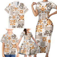Hawaii Tapa Tribal Family Matching Short Sleeve Bodycon Dress and Hawaiian Shirt With Hawaiian Quilt Pattern Gold - Wonder Print Shop