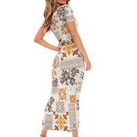 Hawaii Tapa Tribal Family Matching Short Sleeve Bodycon Dress and Hawaiian Shirt With Hawaiian Quilt Pattern Gold - Wonder Print Shop