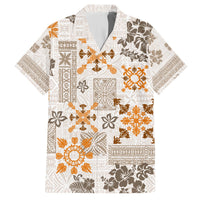 Short-sleeve button-up Hawaiian shirt, white base with gold and brown tribal quilt pattern