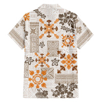 Short-sleeve button-up Hawaiian shirt, back view with white, gold, and brown tribal print