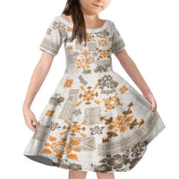 Hawaii Tapa Tribal Kid Short Sleeve Dress With Hawaiian Quilt Pattern Gold - Wonder Print Shop