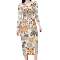 Hawaii Tapa Tribal Long Sleeve Bodycon Dress With Hawaiian Quilt Pattern Gold - Wonder Print Shop
