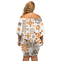 Hawaii Tapa Tribal Off Shoulder Short Dress With Hawaiian Quilt Pattern Gold - Wonder Print Shop