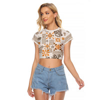 Hawaii Tapa Tribal Raglan Cropped T Shirt With Hawaiian Quilt Pattern Gold - Wonder Print Shop