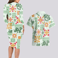 Hawaii Tapa Tribal Couples Matching Long Sleeve Bodycon Dress and Hawaiian Shirt With Hawaiian Quilt Pattern Green LT9 - Wonder Print Shop