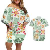 Hawaii Tapa Tribal Couples Matching Off Shoulder Short Dress and Hawaiian Shirt With Hawaiian Quilt Pattern Green LT9 - Wonder Print Shop