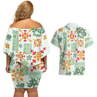 Hawaii Tapa Tribal Couples Matching Off Shoulder Short Dress and Hawaiian Shirt With Hawaiian Quilt Pattern Green LT9 - Wonder Print Shop