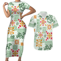 Hawaii Tapa Tribal Couples Matching Short Sleeve Bodycon Dress and Hawaiian Shirt With Hawaiian Quilt Pattern Green LT9 - Wonder Print Shop