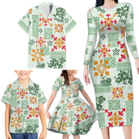 Hawaii Tapa Tribal Family Matching Long Sleeve Bodycon Dress and Hawaiian Shirt With Hawaiian Quilt Pattern Green LT9 - Wonder Print Shop