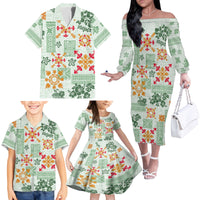 Hawaii Tapa Tribal Family Matching Off Shoulder Long Sleeve Dress and Hawaiian Shirt With Hawaiian Quilt Pattern Green - Wonder Print Shop
