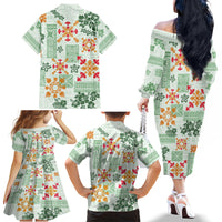 Hawaii Tapa Tribal Family Matching Off Shoulder Long Sleeve Dress and Hawaiian Shirt With Hawaiian Quilt Pattern Green - Wonder Print Shop