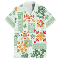 Hawaii Tapa Tribal Family Matching Off Shoulder Long Sleeve Dress and Hawaiian Shirt With Hawaiian Quilt Pattern Green - Wonder Print Shop