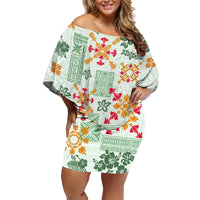 Hawaii Tapa Tribal Family Matching Off Shoulder Short Dress and Hawaiian Shirt With Hawaiian Quilt Pattern Green LT9 - Wonder Print Shop