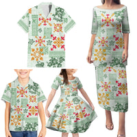 Hawaii Tapa Tribal Family Matching Puletasi Dress and Hawaiian Shirt With Hawaiian Quilt Pattern Green - Wonder Print Shop