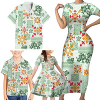 Hawaii Tapa Tribal Family Matching Short Sleeve Bodycon Dress and Hawaiian Shirt With Hawaiian Quilt Pattern Green - Wonder Print Shop