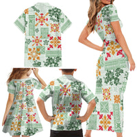 Hawaii Tapa Tribal Family Matching Short Sleeve Bodycon Dress and Hawaiian Shirt With Hawaiian Quilt Pattern Green - Wonder Print Shop