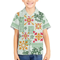 Light green Hawaiian shirt for kids, button-front with multicolor tapa quilt and flowers