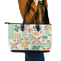 Hawaii Tapa Tribal Leather Tote Bag With Hawaiian Quilt Pattern Green - Wonder Print Shop
