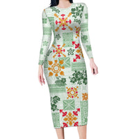 Hawaii Tapa Tribal Long Sleeve Bodycon Dress With Hawaiian Quilt Pattern Green - Wonder Print Shop