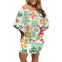 Hawaii Tapa Tribal Off Shoulder Short Dress With Hawaiian Quilt Pattern Green - Wonder Print Shop