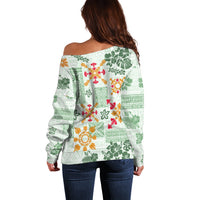 Hawaii Tapa Tribal Off Shoulder Sweater With Hawaiian Quilt Pattern Green - Wonder Print Shop