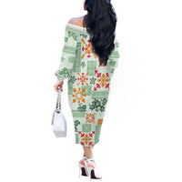 Hawaii Tapa Tribal Off The Shoulder Long Sleeve Dress With Hawaiian Quilt Pattern Green - Wonder Print Shop